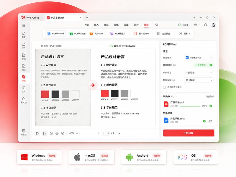 WPS Office 文字处理界面展示PDF转Word效果